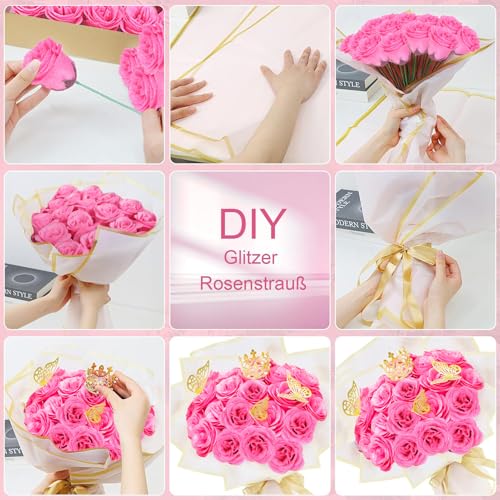 AZMUDE 24 Pieces Rosa Glitter Rose Bouquet, DIY Blumenstrauß with Crown, Butterfly,Artificial Rose Bouquets für Valentinstag,Mother’s Day, Birthday, Wedding, Anniversary.