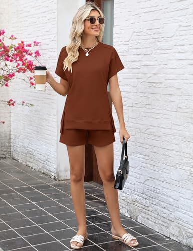 Image of LOMON Womens Fashion 2 Piece Outfits Sweatsuits 2026 Summer Short Sleeve Loungewear Tracksuit Round Neck Lounge Shorts Sets