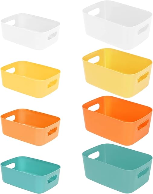 Hotoolme 8 pack Plastic Storage Boxes Colourful Storage Basket Medium and Small Size for Cupboard,Office,Living Room,Home,Bathroom, Bedroom,Kitchen Storage