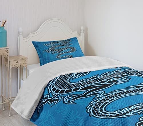 Ambesonne Japanese Dragon Bedspread, Black Dragon On Blue Tribal Background Year Of The Dragon Themed Art, Decorative Quilted 2 Piece Coverlet Set With Pillow Sham, Twin Size, White Black #TOP3