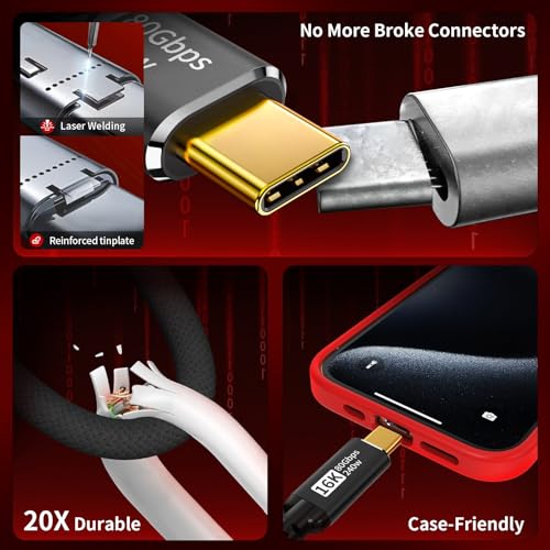Image of ZeroneTeck USB4 80Gbps Cable for Thunderbolt 5 /4, 6.6Ft | 240W Fast Charging, 120Gbps Bandwidth, Dual 8K /Triple 4K Display, for Laptop, iPhone 17 /16, USB-C Monitor, Docking & SSD