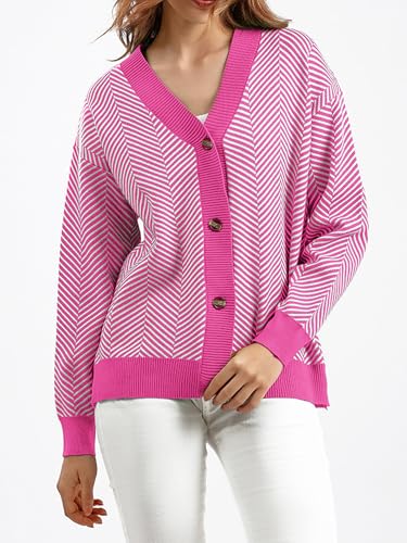 Image of ZAFUL Women's Striped Cardigan Button Up Open Front Knit Oversized Sweater | Button down, Soft chunky knit, Lightweight, Loose fit, Long lantern sleeve, Casual Daily Going Out, Fall Winter Outfits
