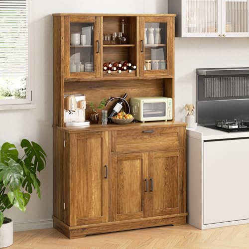 Image of Shintenchi Kitchen Pantry Storage Cabinet, Freestanding Buffet Cabinet with Microwave Stand & 3 Door Shelves, Kitchen Hutch with Doors, Adjustable Shelves and Wine Rack, Brown
