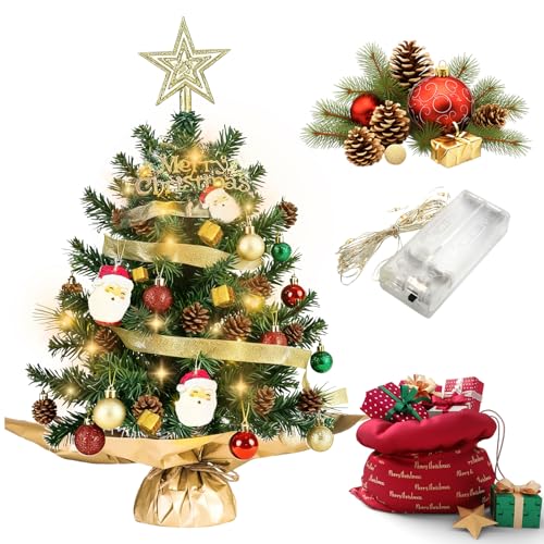 Mini Sapin De Noëls Artificiel,60cm Sapin De Noel Lumineux LED avec Eclairage LED,Petit Sapin De Noël pour Table,Rebord De Fenêtre,Décorations De Bureau,Décoration De Noël,Décoration De Bureau(Vert)
