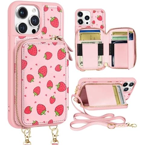 Shorogyt for iPhone 13 Pro Max Case Wallet Crossbody, RFID Blocking Card Holder Slots Designer Strawberry Leather Handbag Purse Phone Cases with Lanyard for iPhone 13 Promax Cover