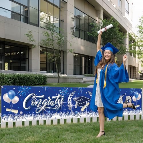 Image of Graduation Decorations, Graduation Banner 2026, Blue and Silver Banner, Large Class of 2026 Party Decoration, Congrats Grad Backdrop Yard Sign for Senior Commencement Indoor Outdoor Wall Yard 300*50cm