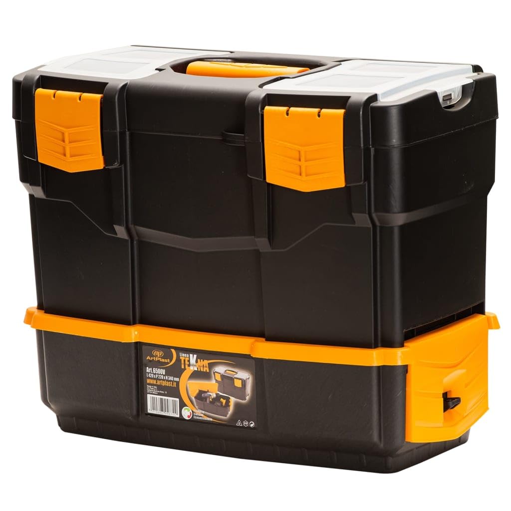 Caja de herramientas de polipropileno 420 x 220 x 340 mm, negro y amarillo, caja de herramientas con cerradura con tapa transparente, organizador para tornillos y clavos