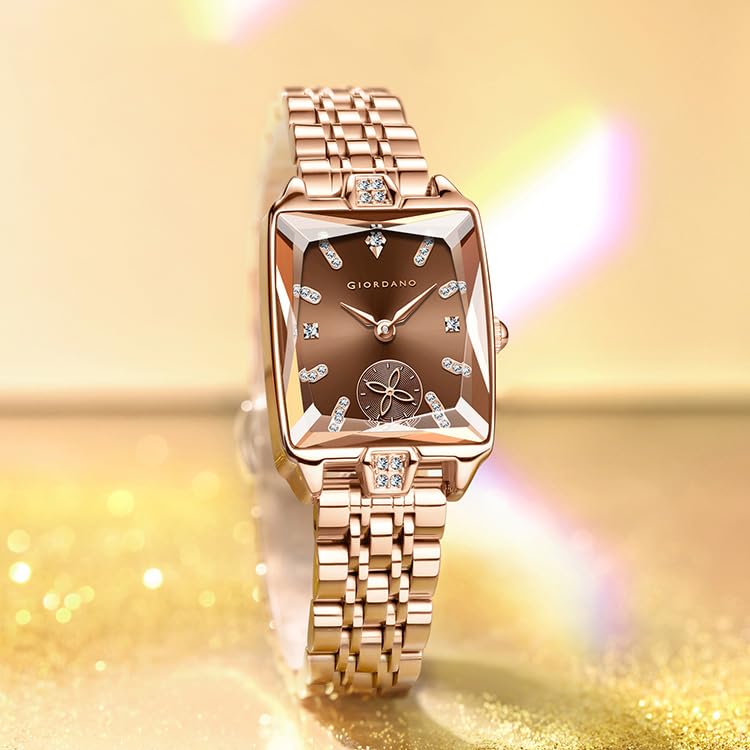 Image of Giordano Analog Watch for Women - Rectangular Dial, Crystal Hour Markers and Rose Gold Stainless Steel Strap