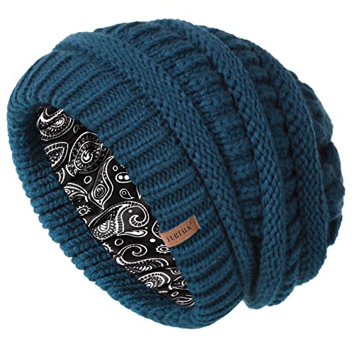FURTALK Winter Beanie Hat for Women Satin Lined Cable Knit Chunky Slouchy Beanies Skull Warm Cap Wool Blue One Size