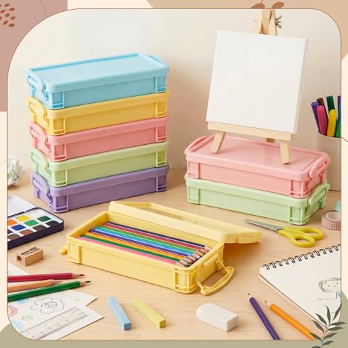 Image of Gueevin Large Capacity Plastic Pencil Box Clear Plastic Pencil Case Crayon Box with Snap Tight Lid Watercolor Pen Storage Brush Organizer Drawing Tools Container (Macaron Colors,12 Pcs)