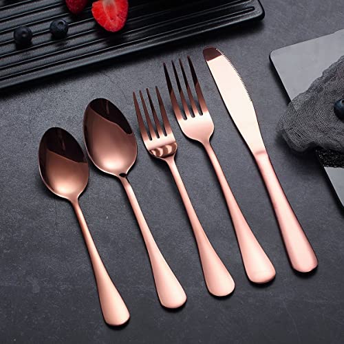 Image of aDai Combo Set of 40 Premium Rose Gold Cutlery - Stainless Steel Luxury Dinnerware Tableware - Round Edge Serving Spoon Fork Knife - Reusable Mirror Finish for Home Kitchen Dining Table and Gift