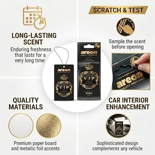 Image of AREON VIP Hanging Car Air Freshener Pack of 3 - Premium Car Perfume with Natural Fragrances, Stylish Hanging Cards Long Lasting Auto Air Freshener for Car, Home, Office & Vehicle Interior - HERO