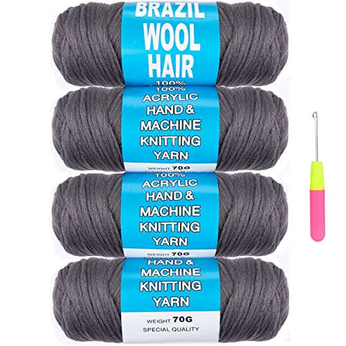 Cookoo 4 Roll Dark Grey Brazilian Wool Hair Yarn For Senegalese Twisting Faux Locs Box Braids Jumbo Braids African Hair Braiding Dreadlocks Twist Wraps Synthetic Hair Extensions 70G/Roll(Dark Grey#) #TOP20