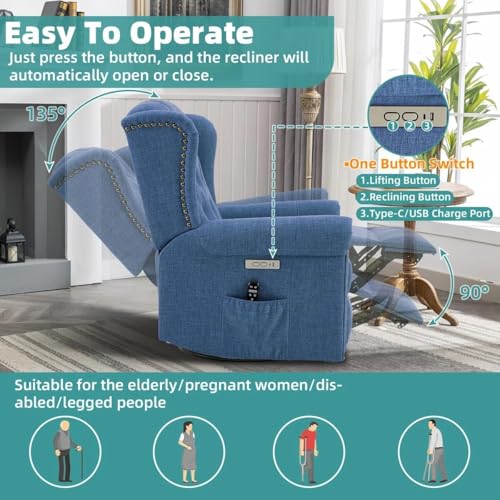 Image of Power Swivel Rocking Recliner Chair with Electric Rocker Nursery Reclining Chair, Wingback Tufted Upholstered for Living Room, USB Ports Color Navy Blue