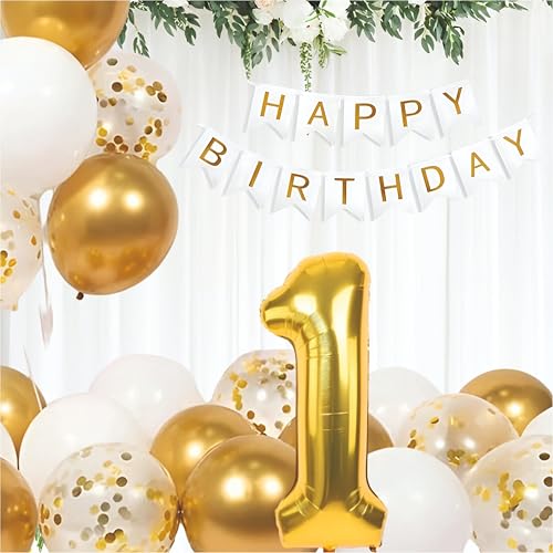 Image of Golden, White, Confetti balloons with happy birthday banner and 1 no foil balloon for 1st birthday decoration, kids party decoration, home decoration items