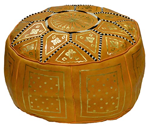 Treasures Of Morocco Moroccan Pouf Hand Made 100% Leather Ottoman Comfortable Round Design Foot Stool Orange