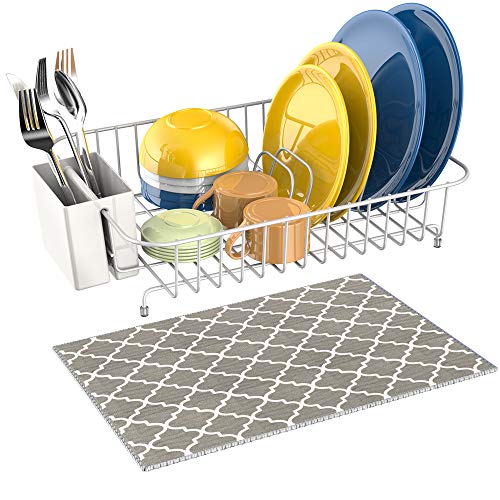 Dish Drying Rack, iSPECLE Dish Rack with Utensil Holder, Microfiber Dish Drainer Mat