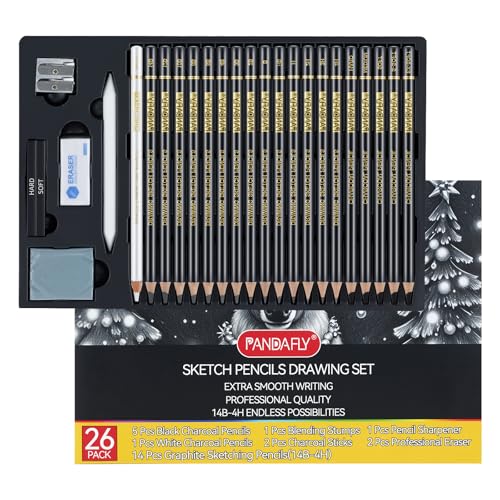 PANDAFLY 26-Piece Professional Sketch Pencil Set - Includes 4H to 14B Graphite Pencils, Charcoal Pencils, Charcoal Sticks, Vinyl Eraser, Kneaded Eraser, Sharpener, Blending Stump