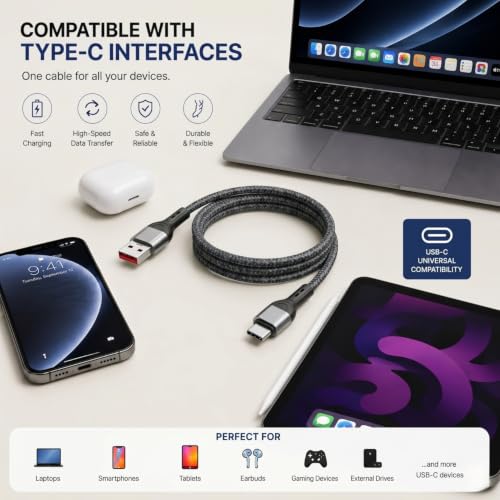 Image of 60W Fast Charging USB to Type C Cable Compatible with iPhone, Samsung, OnePlus, Google Pixel, Macbook, 480mbps Data Sync, Braided Cable, 1 mtr, Black(Free Cable Protectors)