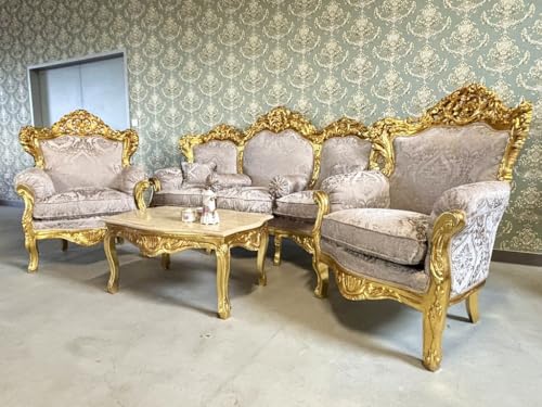 CasAmin Home & Living Sofagarnitur in Dunkelbeige Französisches Couchgarnitur im Louis XL Stil mit Goldfinish für die Hotellobby Barock Rokoko Salon Sofa als Wohnzimmer Dekoration – Bild 4