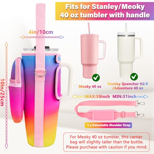 Image of Water Bottle Carrier Bag with Phone Pocket Compatible with Stanley /Meoky 40 oz Tumbler with Handle,Water Bottle Holder Pouch with Adjustable Strap Compatible with Stanley Cup Accessories,Rainbow