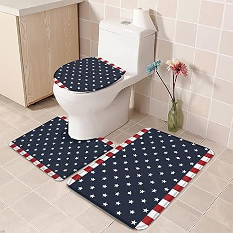 Savannan 3 Piece Bath Mats Set, Independence Day Patriotic American Flag Pentagram Freedom Country Absorbent Soft Bathroom Rug + U-Shaped Toilet Mat + Lid Cover Cover with Anti-Slip Rubber Backing Cover
