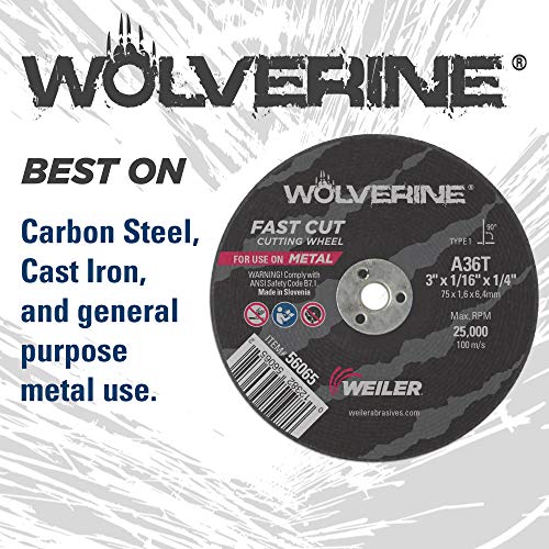 Image of Weiler 56065 3-Inch Cutting Wheel, Wolverine AO Steel /Metal Fast Cut, Value Cutting, 1 /16 inch A36T Type 1 1 /4 inch Arbor (Pack of 100)