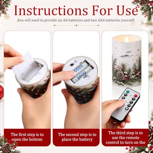 Image of Tujoe 3 Pcs Christmas Winter Birch Flameless Candle LED Pillar Candle
