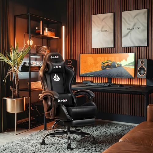 NEO CHAIR Video Gaming Chair with Footrest High Back Ergonomic Comfortable Office Computer Desk with Lumbar Support Height Adjustable with PU Leather Recliner for Adults Women Men (Black) - Image 2