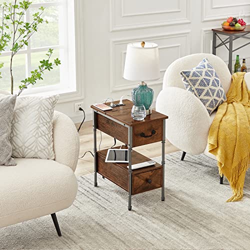 Vecelo End Table With Charging Station, Narrow Flip Top Nightstand With Usb Ports & Power Outlets,Beside Furniture Has Storage Shelf And Drawer, For Living Room, Bedroom, Rustic Brown, 1 Set #TOP3