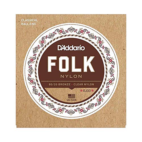 D'Addario Cordes en nylon pour guitare folk D'Addario EJ33, extrémité à boule, bronze 80/20/cordes aiguës en nylon translucide