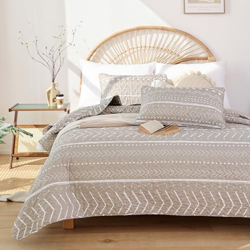JANZAA King Quilt Boho Bedding King Bedspreads Oatmeal Quilt 3PCS with 2 Pillow Cases Reversible Coverlet Bedding Set for All Season