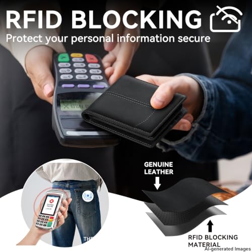 Image of furid Top Grain Leather Wallet Men: RFID Minimalist Bifold Credit Card Holder with 2 ID Windows - Slim Front Pocket Wallets for Men - Gifts for Husband Father on Anniversary Birthday