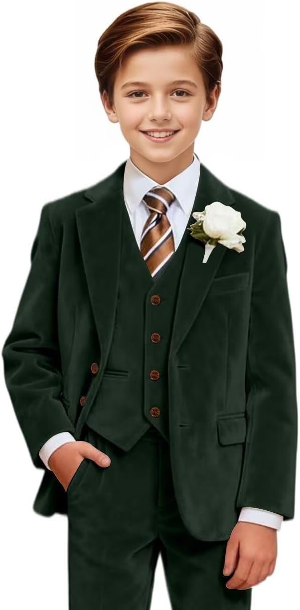 Boys Velvet Suit 3 Pieces Set Slim Fit Tuxedo Kids Suits for Boy Blazer Vest Pants for Wedding Prom Homecoming Outfits