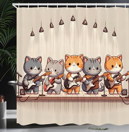 Ambesonne Cat Shower Curtain, Kawaii Kitties Playing Electric Guitars Funny Anime Animals Band Cartoon, Cloth Fabric Bathroom Decor Set with Hooks, 69" W x 70" L, Grey Orange and Pale Tan