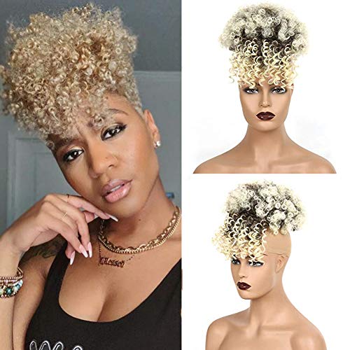 Afro High Puff Hair Drawstring Ponytail Bun with Bangs Heat Resistant Short Kinky Curly Ponytail Updo Hair Extensions with Two Clips, for African American Women (1BT613#)