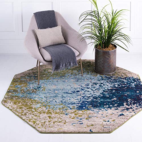 Unique Loom Estrella Collection Abstract, Modern, Light Colors, Distressed Area Rug (6' 0 x 6' 0 Octagon, Blue/Beige)