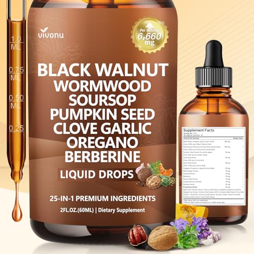 VivoNu Schwarznuss Wermut Nelken Tropfen 6660 mg Flüssigkeit zur Reinigung für Menschen Lymphunterstützung mit Knoblauch Königskerze Kürbiskern Berberin Kurkuma Echinacea Zimt 60ml