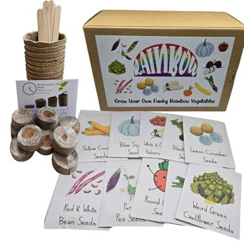 Funky Rainbow Vegetable 10 Seed Starter Kit Non-GMO Seeds for Planting, Compost, Fibre Pots, Plant Markers, Gift Box, Grow Your Own Kits, Grow Own Food, Home Gardening Gifts