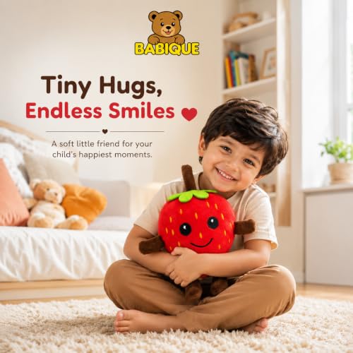 Image of Babique Strawberry Plush Soft Toy for Kids & Babies | Ultra-Soft Stuffed Fruit Soft Toy | Red | 16 cm