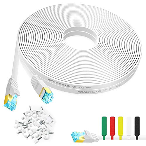 Cat 6 Ethernet Cable 75 ft,Flat Internet Network LAN Patch Cords  Solid Cat6 High Speed Computer Wire with Clips & Snagless Rj45 Connectors for Modem,Router,PS4  Faster Than Cat5/Cat5e - 75ft White