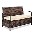 VINGLI 40 Gallon Outdoor Storage Bench, Wicker Deck Box with Large Capacity, Patio Sofa Storage Bench Design with Cushion, Versatile Used Rattan Deck Box for Porch, Yard, Lawn, Garden, Brown