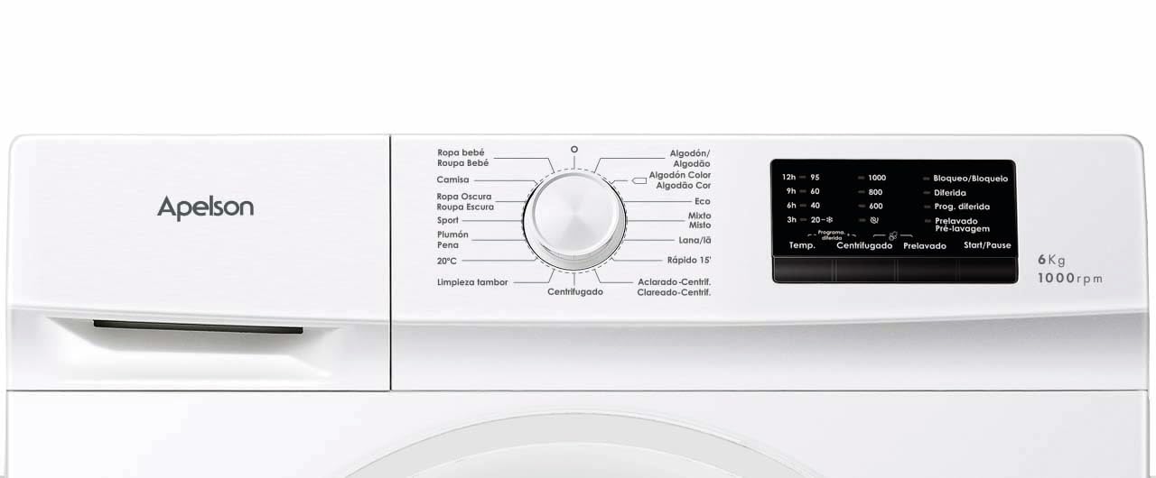 Apelson Lavadora de Carga Frontal AWM 6000 WH, 6 kg, 1000 rpm, 15 Programas de Lavado, Inicio Diferido hasta 12 h, Programas Rápido 15 min y Bebé, Libre Instalación, Color Blanco
