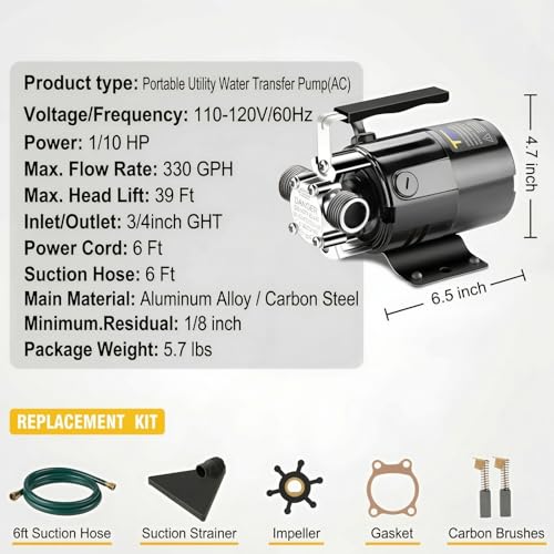Image of Trupow Water Transfer Pump, 115V 1 /10HP 330GPH Electric Utility Water Pump with 6ft Water Hose Kit, Portable Small Water Pump For Pool Draining, Removing Water From Rain Barrel, Aquariums, etc.