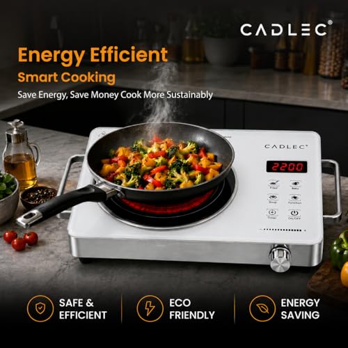 Image of Cadlec HeatBlaze 2200W Infrared Cooktop Stove with Grill Rack for Barbecue, Crystal Glass Plate, Digital Display, Touch Control, Infrared Hot Plate (Silver)