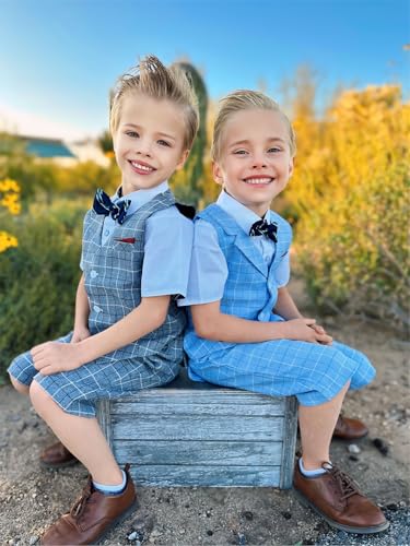 Image of LOLANTA Boys 4PCs Summer Suits, Short Suit Set for Wedding Ring Bearer Outfits Dress Clothes Vest Shirt Shorts Bow Tie