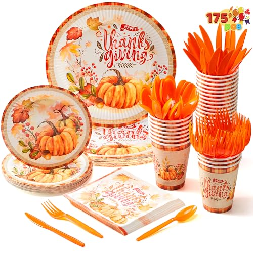 JOYIN 175 PCS Thanksgiving Disposable Paper Plates, Paper Gold Disposable Dinnerware Set, Thanksgiving Party Fall Harvest, Party Supplies, Plates and Napkins Sets (25 Guests)