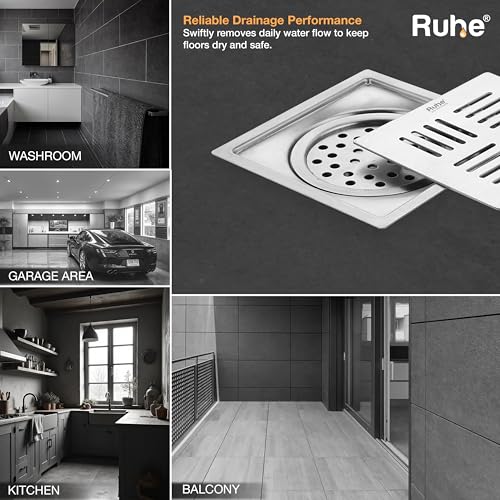 Image of Ruhe Ruby Exclusive Square Flat Cut Floor Drain | 304-Grade Stainless Steel Drain Jali | 6 x 6 inches | Floor Drainer with Cockroach Trap /Jali