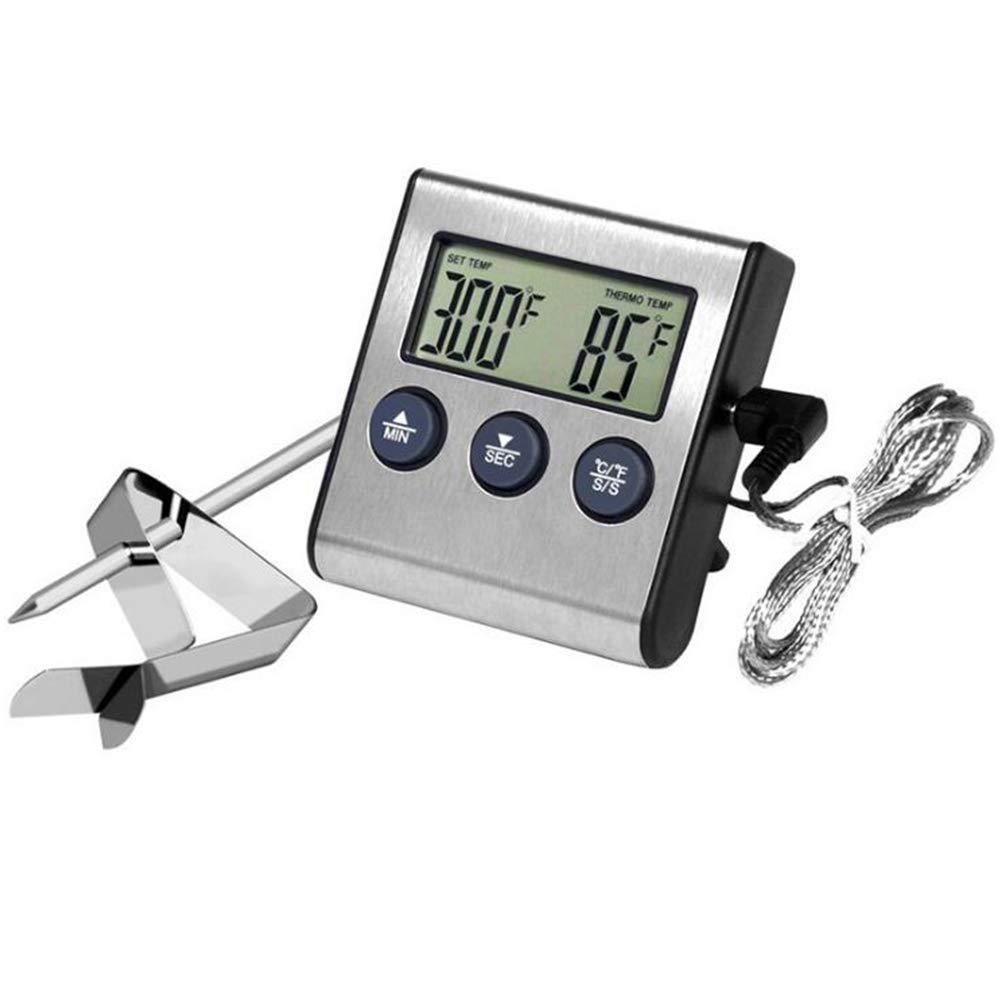 KKAAyueqin Meat Thermometer, Professional Instant Read Grill Thermometers Stainless Steel Temperature Probe for Smoker BBQ Kitchen Oven, Large LCD Digital Cooking Food Clock Timer, Silver