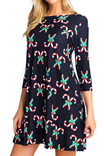 ICONOFLASH Christmas Dresses with Pockets for Women 3/4 Sleeves Swing Holiday Party Dress Up Color Candy Cane Pattern, Small